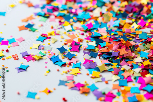 Abstract festive wallpaper with colorful confetti on white background. Background, illustration. Celebration, party, holiday.