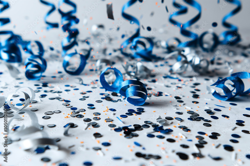 Abstract festive wallpaper with blue and silver falling confetti on white background. Background, illustration. Celebration, party, holiday. Abstract festive wallpaper with blue and silver falling confetti on white background. Background, illustration. Celebration, party, holiday.