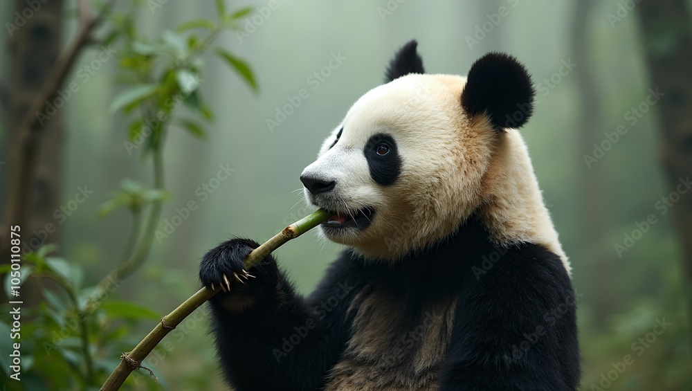 Fototapeta premium Tranquil panda in misty forest savoring bamboo