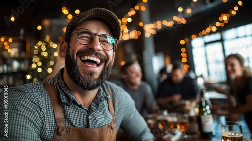 A smiling bearded man in a cap and apron enjoys a light-hearted moment at a bar, surrounded by warm lights and beverages, exuding joy and camaraderie. photo