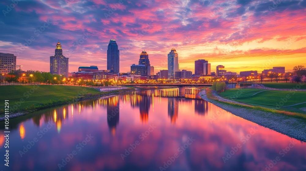 Vibrant Sunset Over Cleveland Skyline Reflecting on River Vibrant Sunset Over Cleveland Skyline Reflecting on River