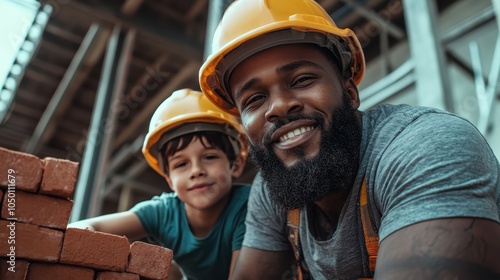 A smiling construction worker and a young child wearing a hard hat pose gleefully next to a stack of bricks, representing mentorship, learning, and companionship. photo