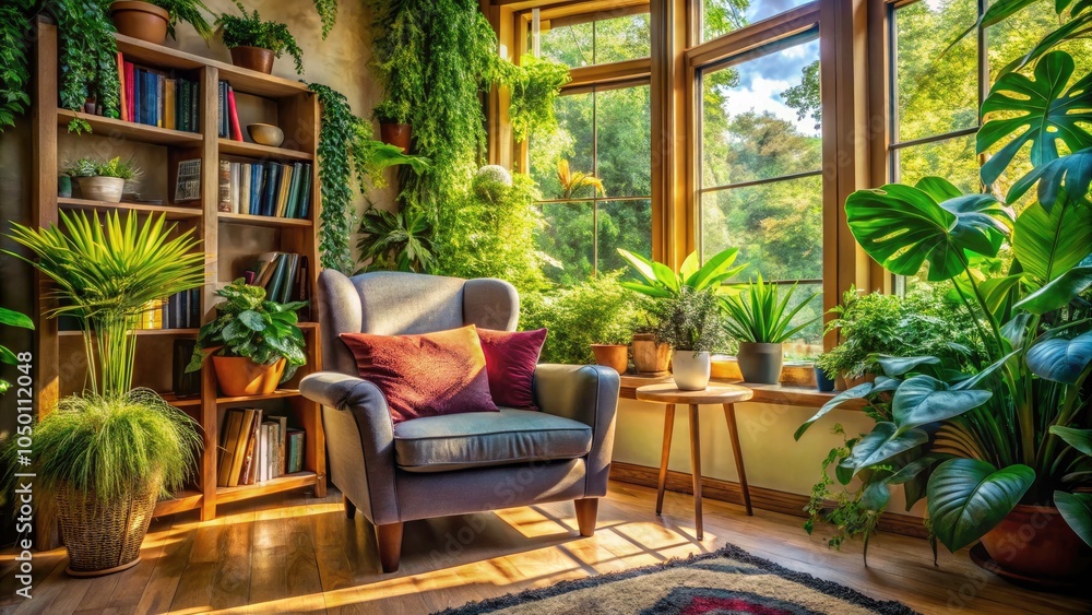 Fototapeta premium Cozy Reading Nook with Stylish Chair Surrounded by Lush Plants for Relaxation and Serenity