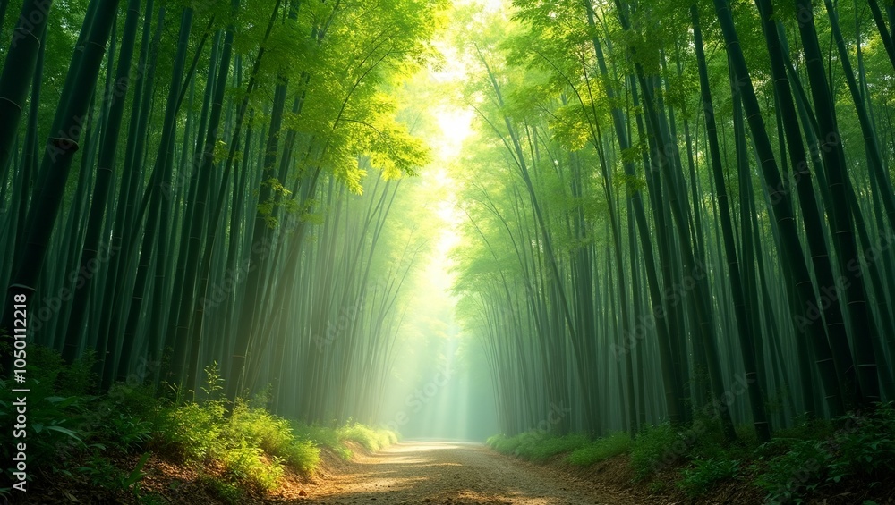 Obraz premium Tranquil bamboo forest with dappled sunlight