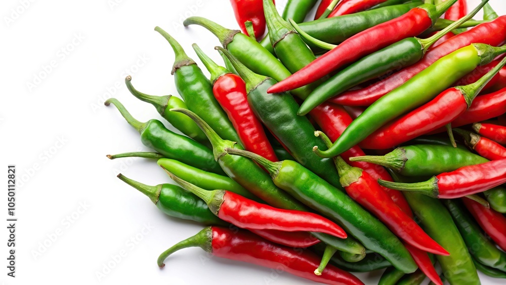 Fresh green and red chili peppers isolated on white background, mixed chili aerial view Fresh green and red chili peppers isolated on white background, mixed chili aerial view