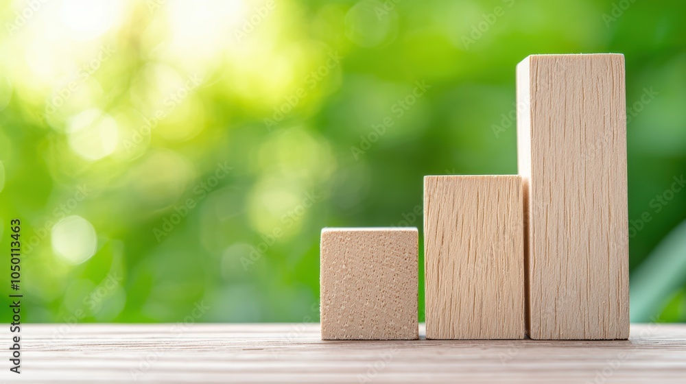 Wooden blocks representing growth and progress in business metrics on a bright green background Wooden blocks representing growth and progress in business metrics on a bright green background