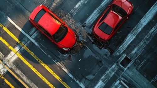 Top view of two red cars in a collision on an urban street, highlighting the impact and aftermath of the accident.