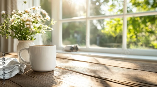 Wallpaper Mural A steaming cup of coffee sits on a wooden table next to a vase of daisies by a sunlit window, evoking warmth, coziness, and peaceful morning serenity. Torontodigital.ca