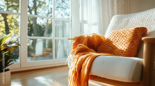 A warmly lit armchair nestled by a window, adorned with a vibrant blanket, captures the snug and inviting essence of a peaceful morning ambiance at home. photo