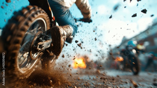 Motocross bikes race through a dirt track, kicking up dust and debris in the air, creating a scene of excitement and action amidst the chaos of the race. photo