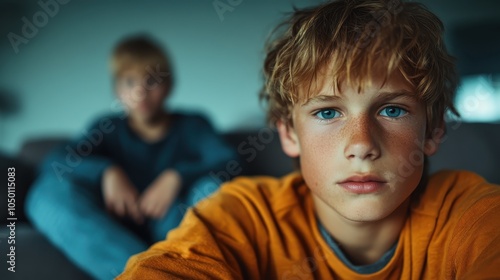 A focused portrait of a young boy with striking blue eyes and tousled hair, set against a softly blurred background that adds depth to the image. photo