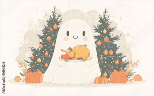 ghost holding a turkey with christmas trees and pumpkins in the background