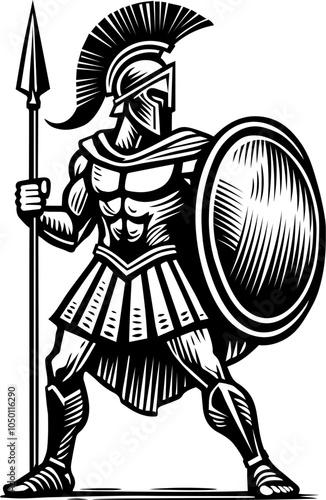 A bold black-and-white illustration of a warrior holding a spear and shield, in traditional armor and helmet. Could represent a Spartan, Trojan, or Roman gladiator, symbolizing strength and valor.