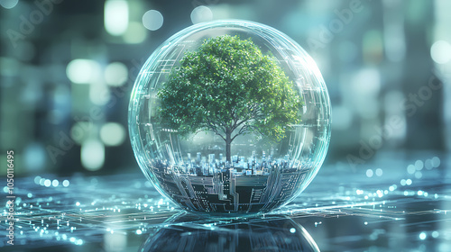  A tree inside a glass sphere on a digital technology background, a green tree in a circle with bokeh lights of a cityscape. A sustainable development concept for the environment and ecol  AI Editing. photo