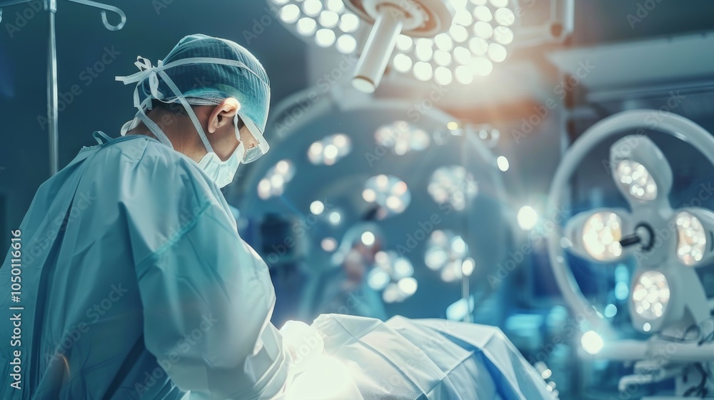A surgeon performing a laparoscopic surgery in a modern operating room against a high-tech, sterile background, close-up shot A surgeon performing a laparoscopic surgery in a modern operating room against a high-tech, sterile background, close-up shot