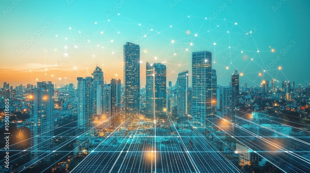 custom made wallpaper toronto digitalCityscape with glowing lines and connected dots symbolizing technology and network.