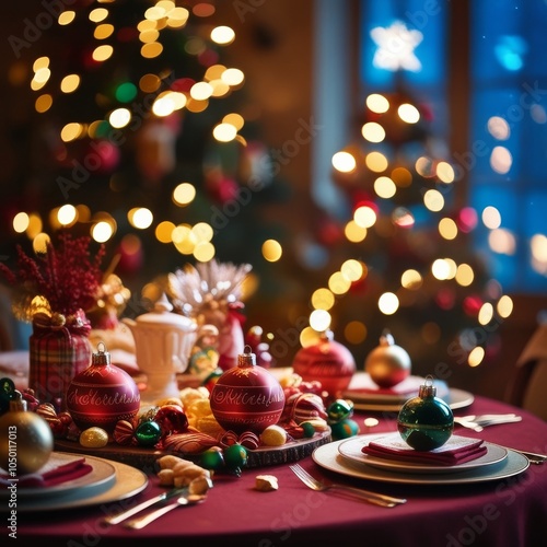 festive Christmas table setting features red and green ornaments, candles, and gold accents