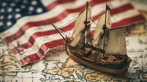 Vintage Ship Model with American Flag and Map Background