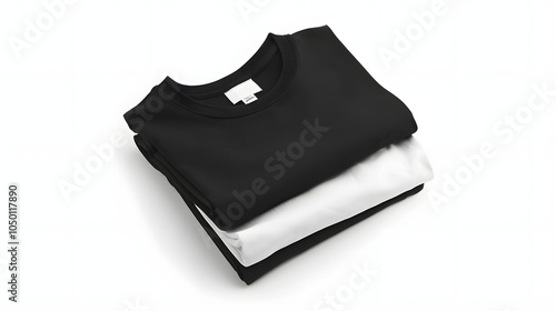 black and white folded t-shirt with label isolated on white background, photo, png