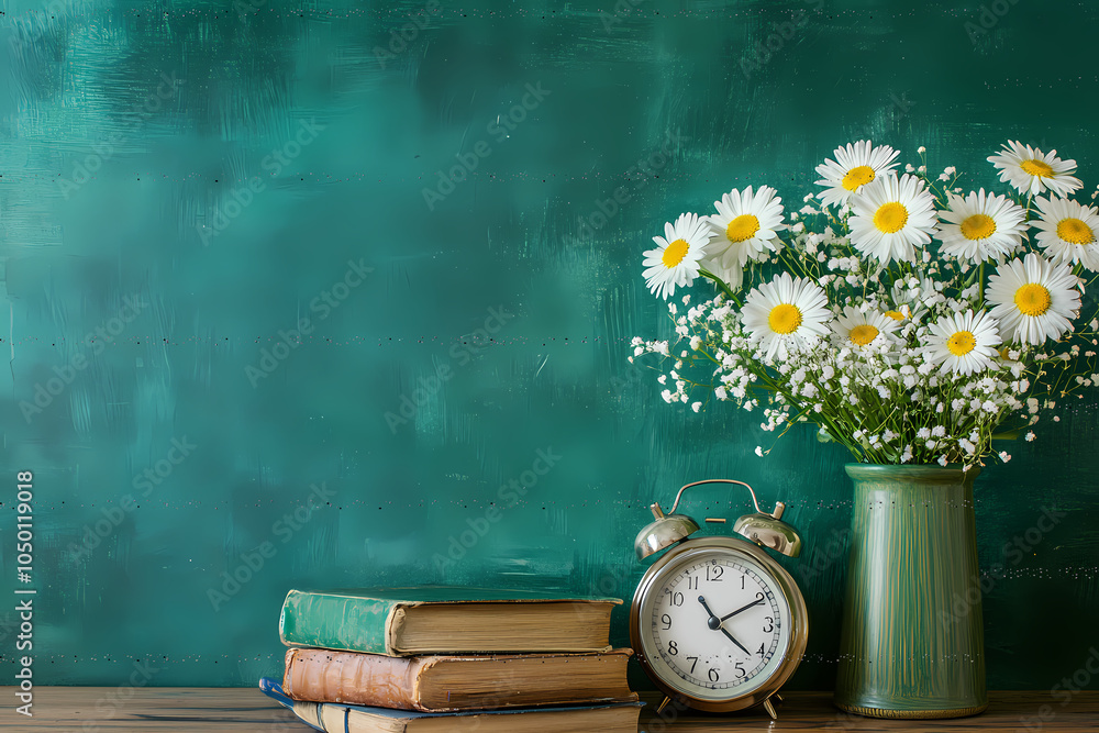 World Teachers' Day: Text written on a green chalkboard background with an alarm clock, books, and a vase of daisies in a classroom setting, leaving space for design. AI Editing. World Teachers' Day: Text written on a green chalkboard background with an alarm clock, books, and a vase of daisies in a classroom setting, leaving space for design. AI Editing.