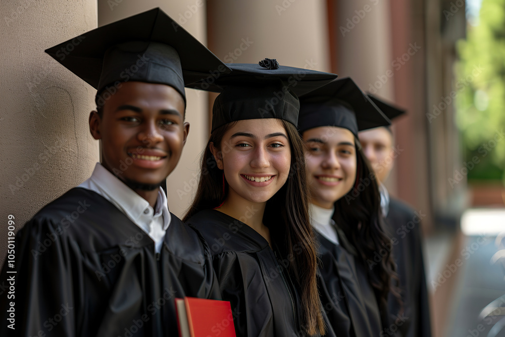 Group of young graduate students in graduation gown and cap standing on a college campus Group of young graduate students in graduation gown and cap standing on a college campus