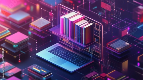 Digital Bookshelf Concept with Laptop and Colorful Books