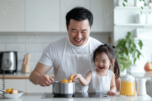 A father and young daughter cook together in a contemporary kitchen, with the father guiding her, embodying family togetherness, teamwork, and joy in daily life. Concept: nurturing moments