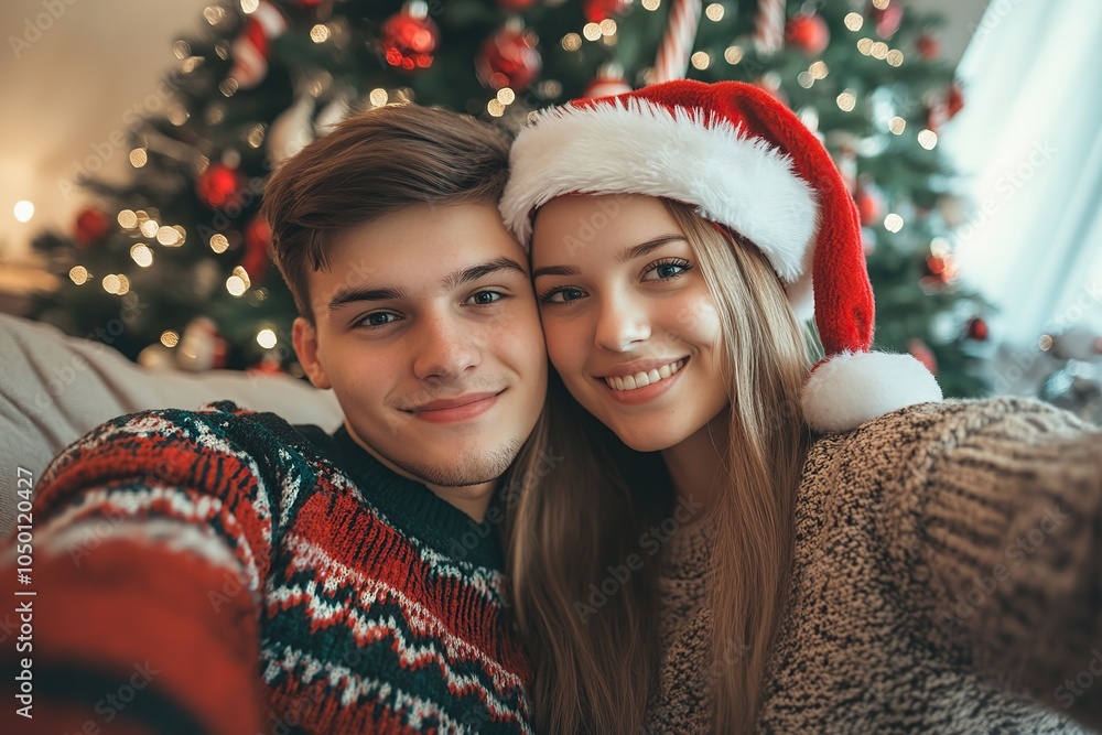 Happy young couple dressed in knitted sweaters doing selfie on christmas tree background Happy young couple dressed in knitted sweaters doing selfie on christmas tree background