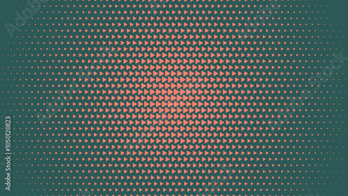 Triangles Halftone Pattern Radial Gradient Vector Orange Green Abstract Background. Ultra Modern Minimalist Art Half Tone Graphics Eye Catching Wallpaper. Retro Futuristic Technology Art Illustration