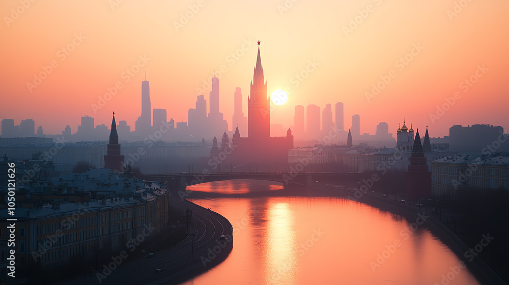 Fototapeta premium Highangle view of a capital city at dawn, first rays of sunlight on iconic landmarks