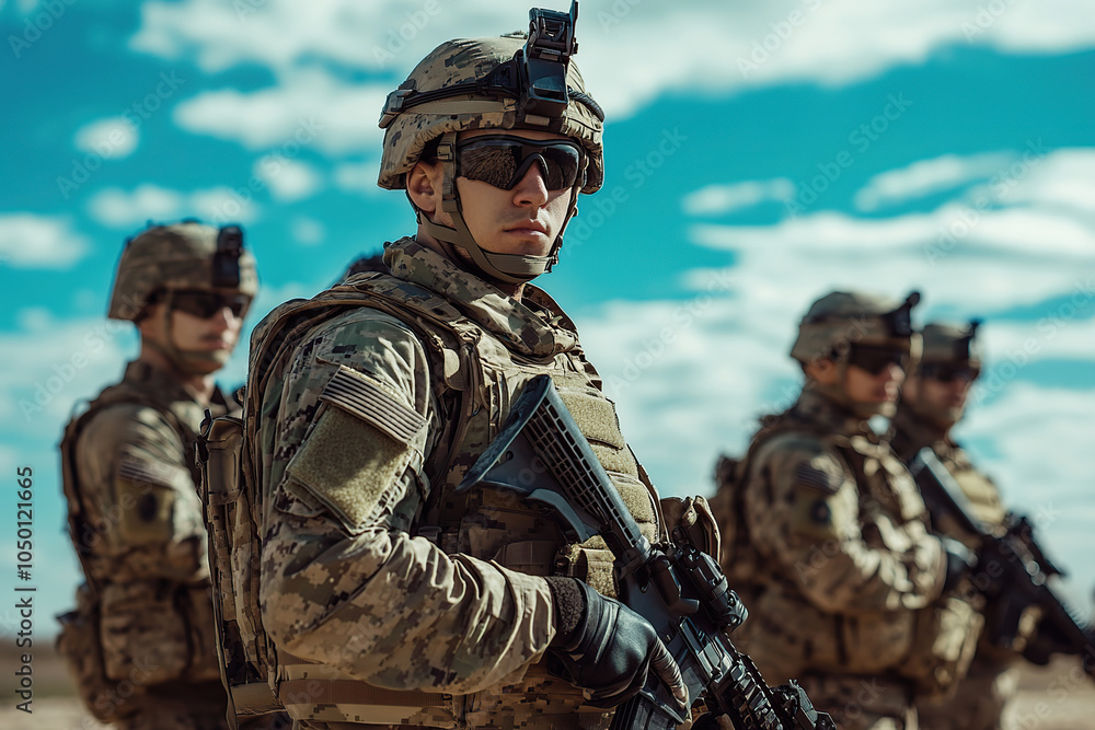 Fototapeta premium Group of soldiers with assault rifles in military uniform is ready for storm