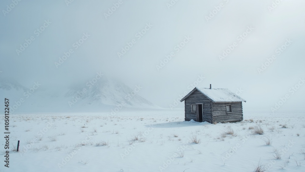 Lonely wooden cabin in snowy wilderness evoking solitude Lonely wooden cabin in snowy wilderness evoking solitude