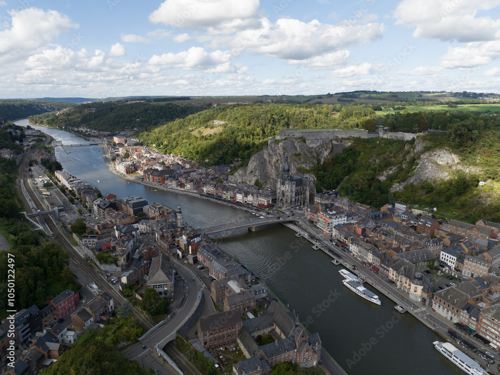 Fototapeta premium Dinant, Wallonia, Belgium, small city scape river Meuse, aerial drone view.