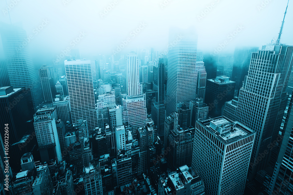 Obraz premium Aerial view of a capital cityscape with fog settling over skyscrapers, serene and atmospheric