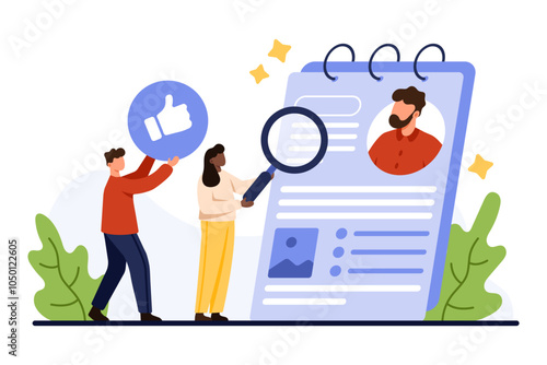 Review data of employees CV, vacancy. Tiny people with magnifying glass research professional candidates resume to find skills, recruit staff for hiring and interview cartoon vector illustration