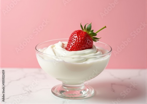 strawberry close-up in a glass saucer yogurt sour cream