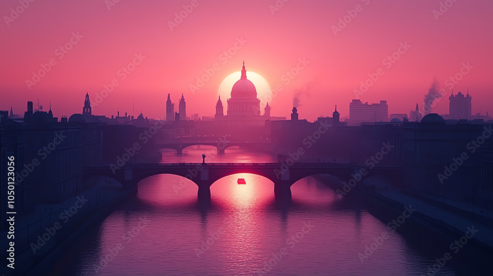 Fototapeta premium Highangle view of a capital city at dawn, first rays of sunlight on iconic landmarks