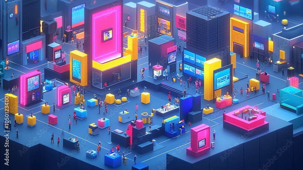 Fototapeta premium A bustling, colorful, and futuristic cityscape with numerous people walking around.