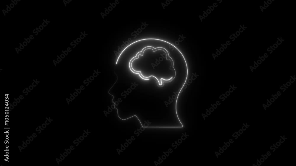 Neon Outline of Human Head with Brain - Concept of Artificial Intelligence and Mental Health Neon Outline of Human Head with Brain - Concept of Artificial Intelligence and Mental Health