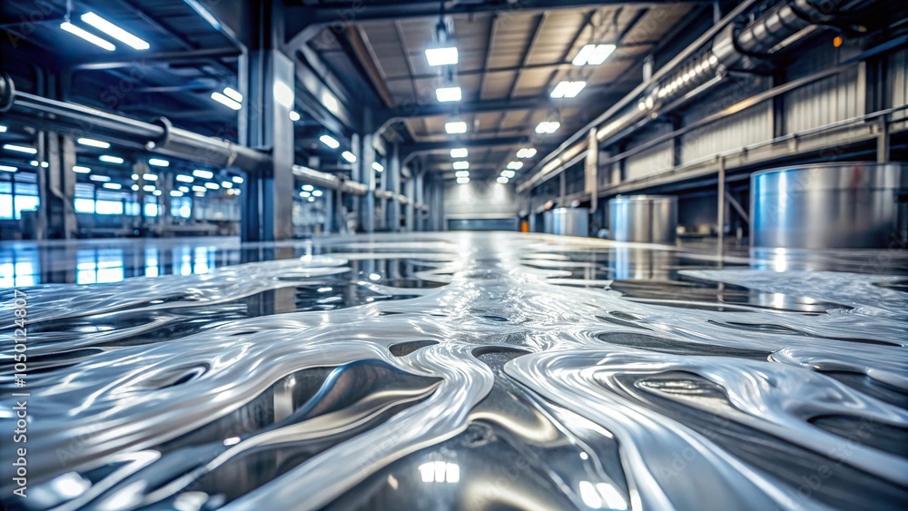 Fototapeta premium Metallic surfaces are slick with a layer of silvery slime in this industrial environment, slippery, viscous, shiny