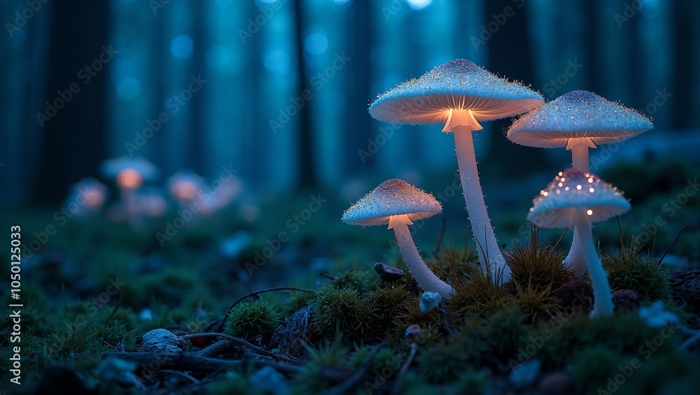 Fototapeta premium Enchanted forest with glowing mushrooms in twilight