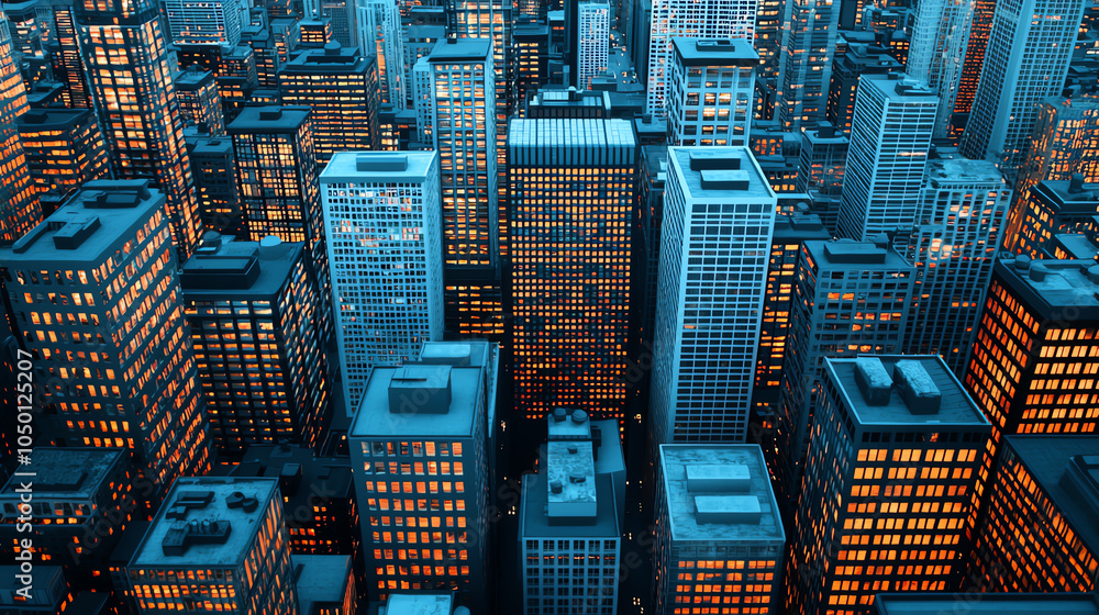 Obraz premium Aerial view of a capital cityscape at dusk, lights beginning to twinkle, calm and atmospheric