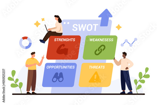 SWOT analysis for company strategy, infographic diagram presentation with four elements. Tiny people compare strength and weakness, opportunity and threat in SWOT matrix cartoon vector illustration