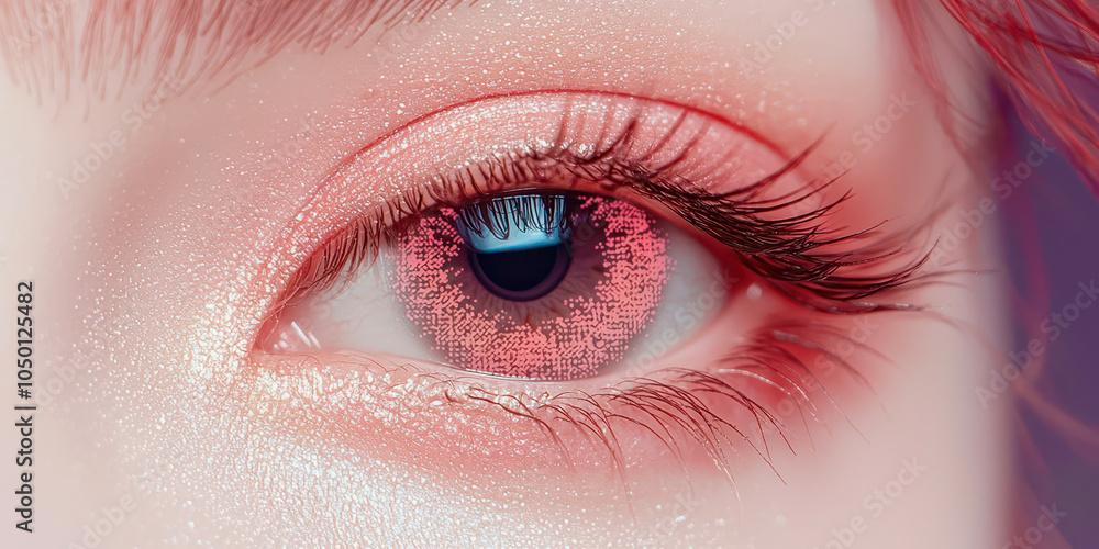 A woman's eye is painted with a pink eye shadow A woman's eye is painted with a pink eye shadow