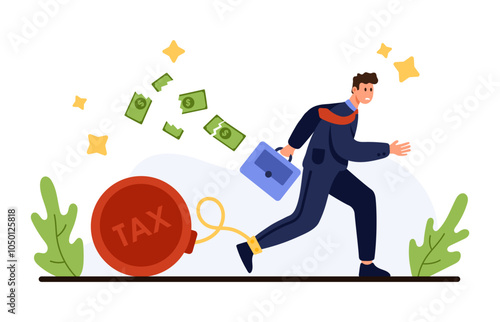 Tax burden, financial problem, struggle with bankruptcy. Tiny businessman with efforts pulling big weight of high taxation debt, profit money flying out of briefcase cartoon vector illustration