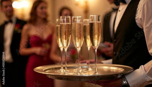 Waiter serving champagne glasses on a tray at a festive event with guests
