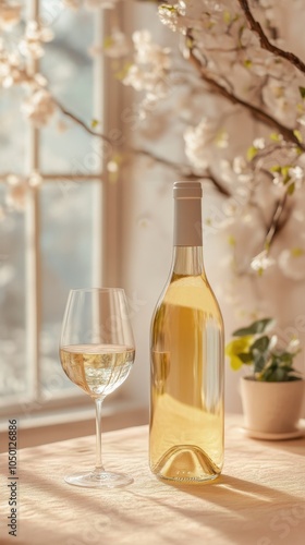 Elegant spring brunch setting with white wine and blossom decor by sunlit window