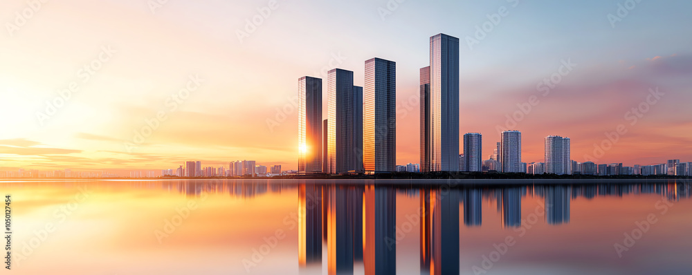 Fototapeta premium Panorama of the capital s central business area with riverside views, sunset glow on water