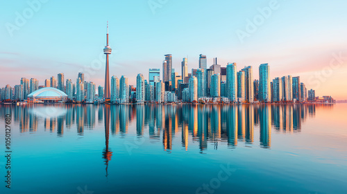 Aerial panorama of a capital city s waterfront, tall buildings reflecting on calm water, evening light photo