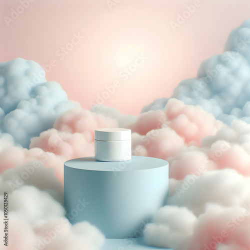 Dreamy Skincare Product with Pastel Cloud Background photo